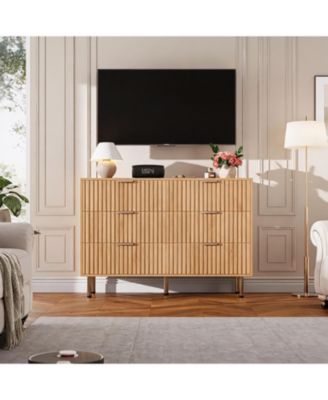 Modern Fluted 6 Drawer Dresser - Wide Wooden Chest with Deep Drawers - Double Dresser TV Stand for Bedroom, Living Room, Hallway, Kids Room