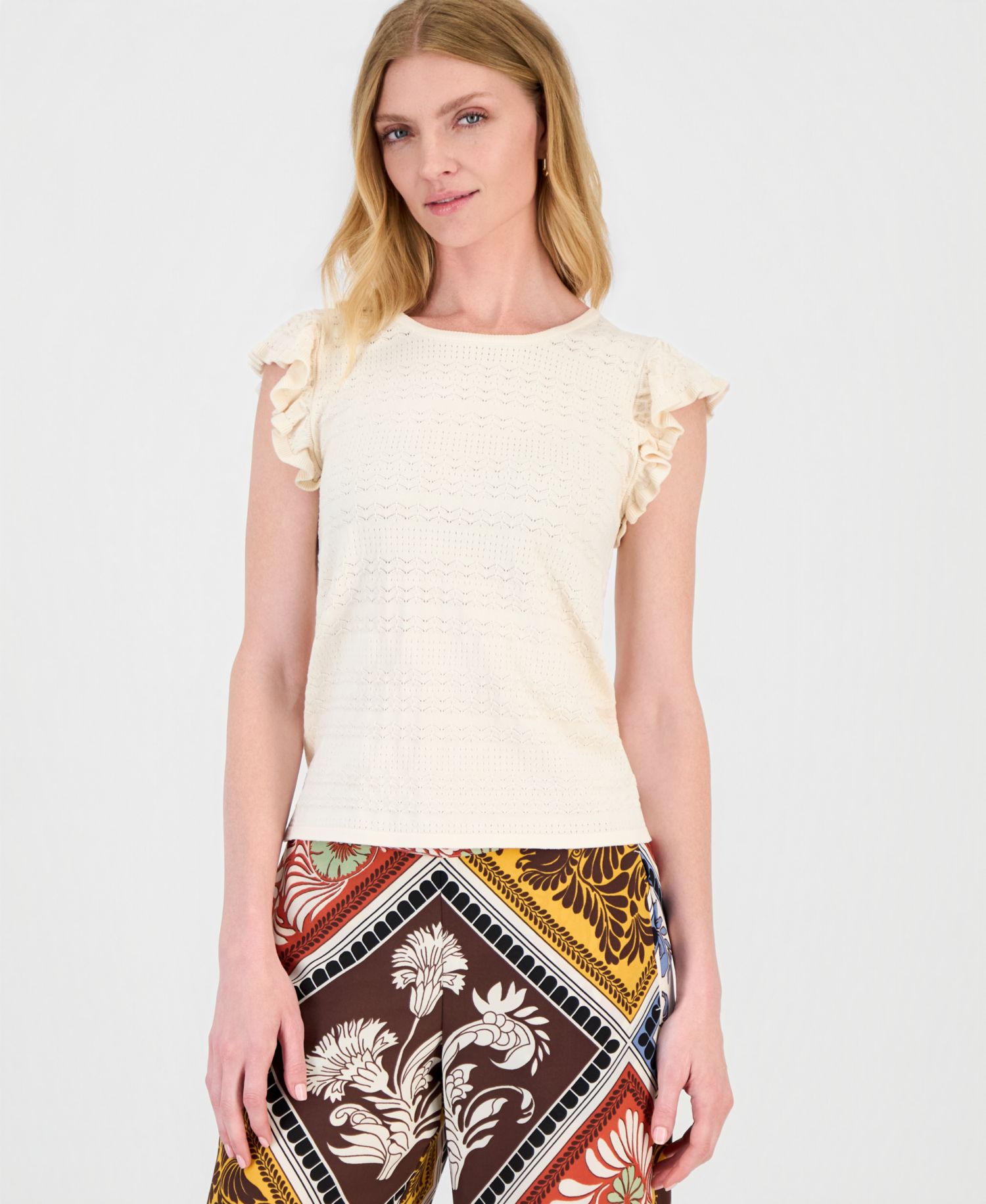 Women's Flutter-Sleeve Pointelle-Knit Top