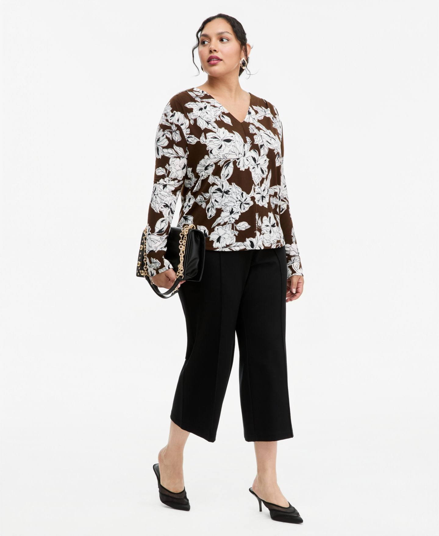 Топ I.N.C. International Concepts Plus Size Floral-Print Pleated V-Neck Long-Sleeve Top, цвет: Julee Gardens — фото 2