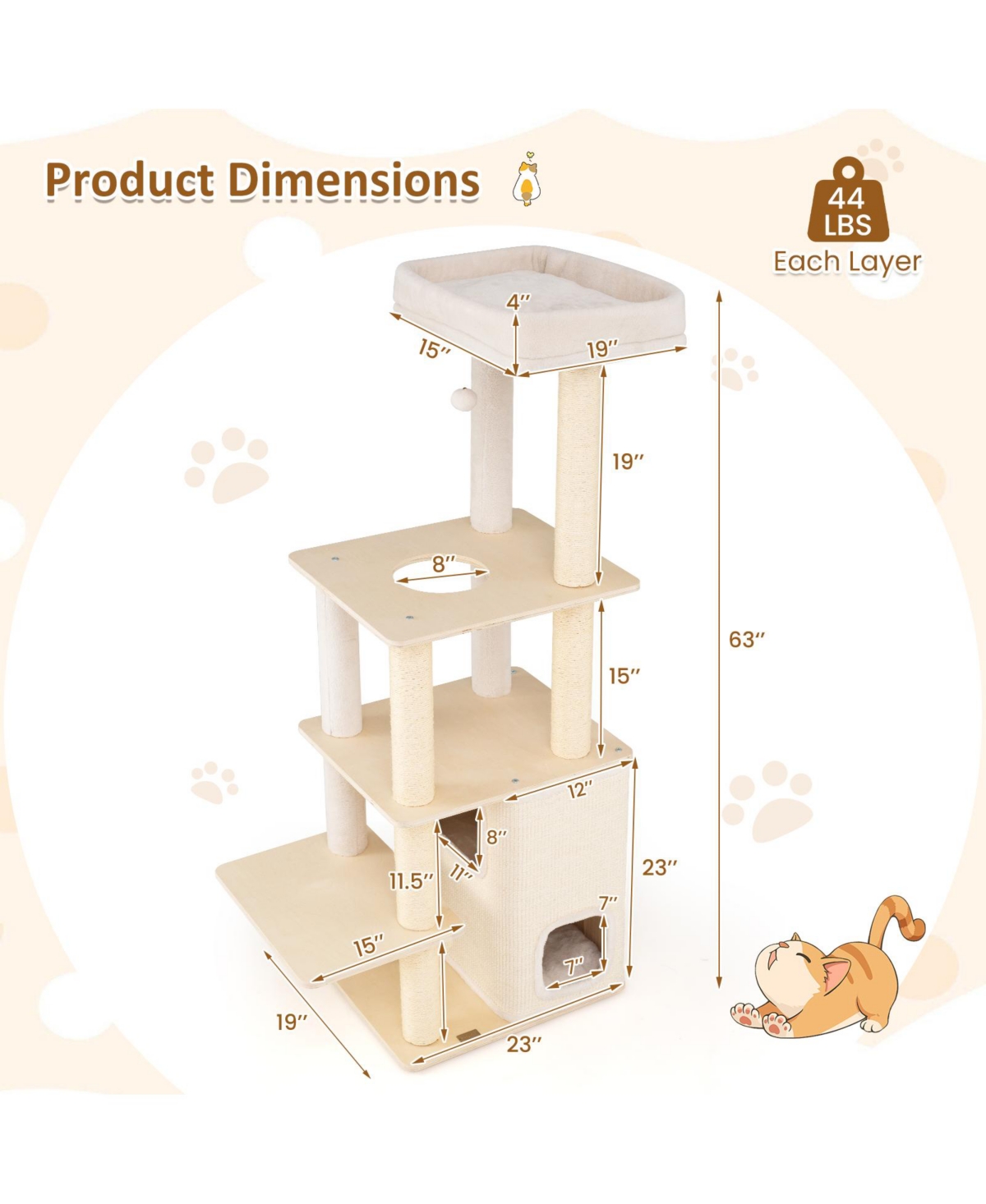 Gymax 63'' Tall Wooden Cat Tree w/2-Story Condo Plush Padded Top Perch Dangling Ball