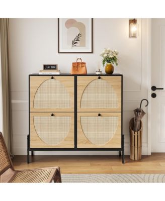 Rattan Shoe Cabinet, 4-Door Flip, Narrow Entry Storage