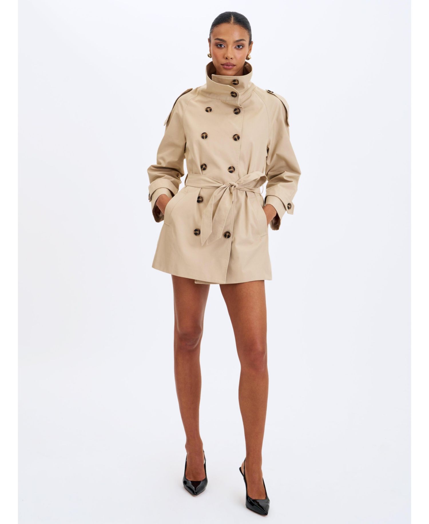 Women's Vanetta Tan High Collar Double-Breasted Trench Mini Coat