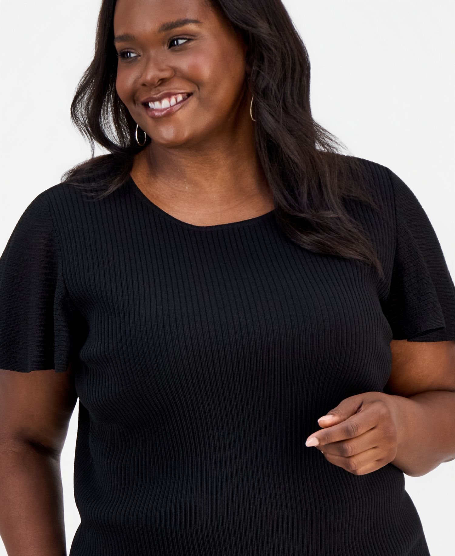 Petite Crewneck Flutter-Sleeve Rib-Knit Sweater