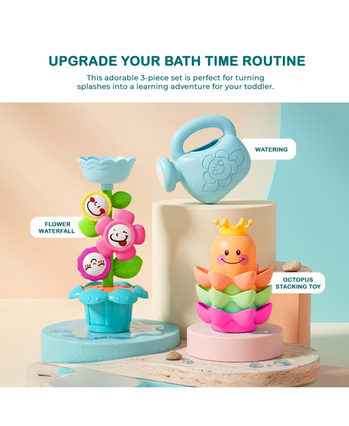 Sperric Toddler 3 Pieces Bath Toys for Toddlers, Flower Waterfalls Waterwheel Bath Tub Toys with Suction Cup 1-3