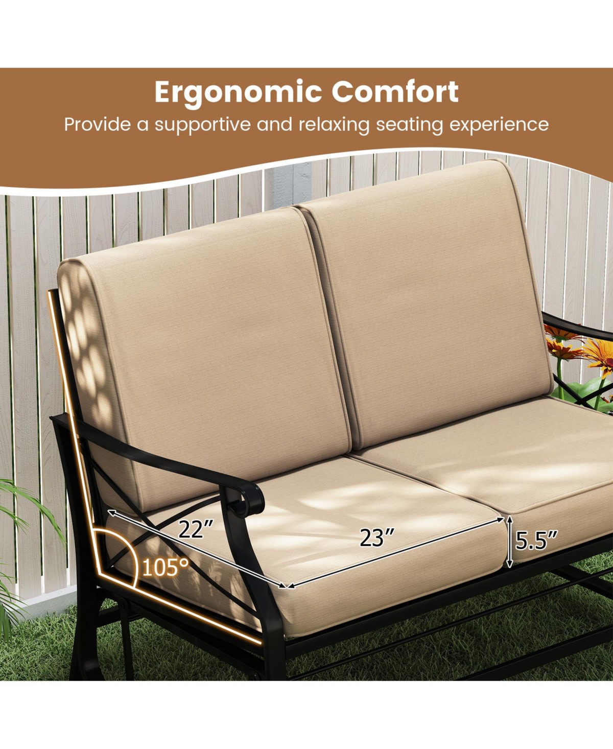 Gymax Outdoor 2-Person Glider Rocking Chair Loveseat with Thick Cushions and Metal Frame