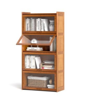4 Tier Bamboo Bookshelf with Doors See Through Acrylic Doors Freestanding Bookcase