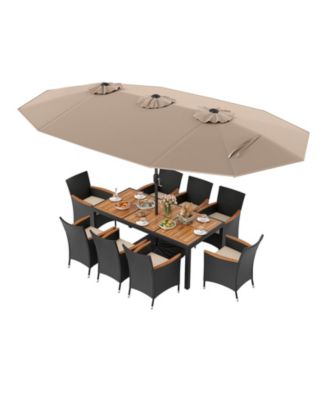 11 PCS Patio Wicker Dining Set with Double-Sided Outdoor Umbrella 8 Chairs