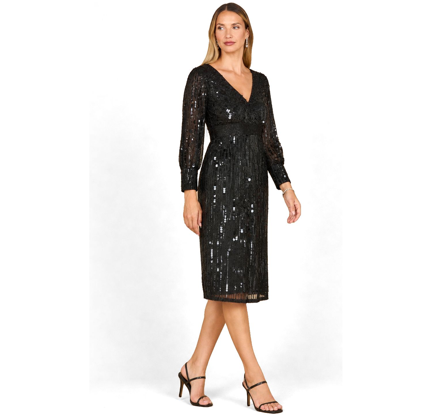 Women's Beaded A-line Midi Dress with Long Sleeves