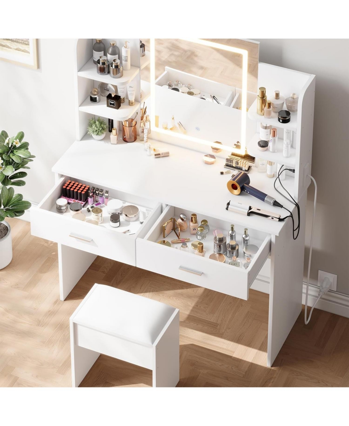 gaomon Makeup Vanity Desk with Led Mirror, 2 Drawers, Power Outlet & Cushioned Stool, 3 Light Modes
