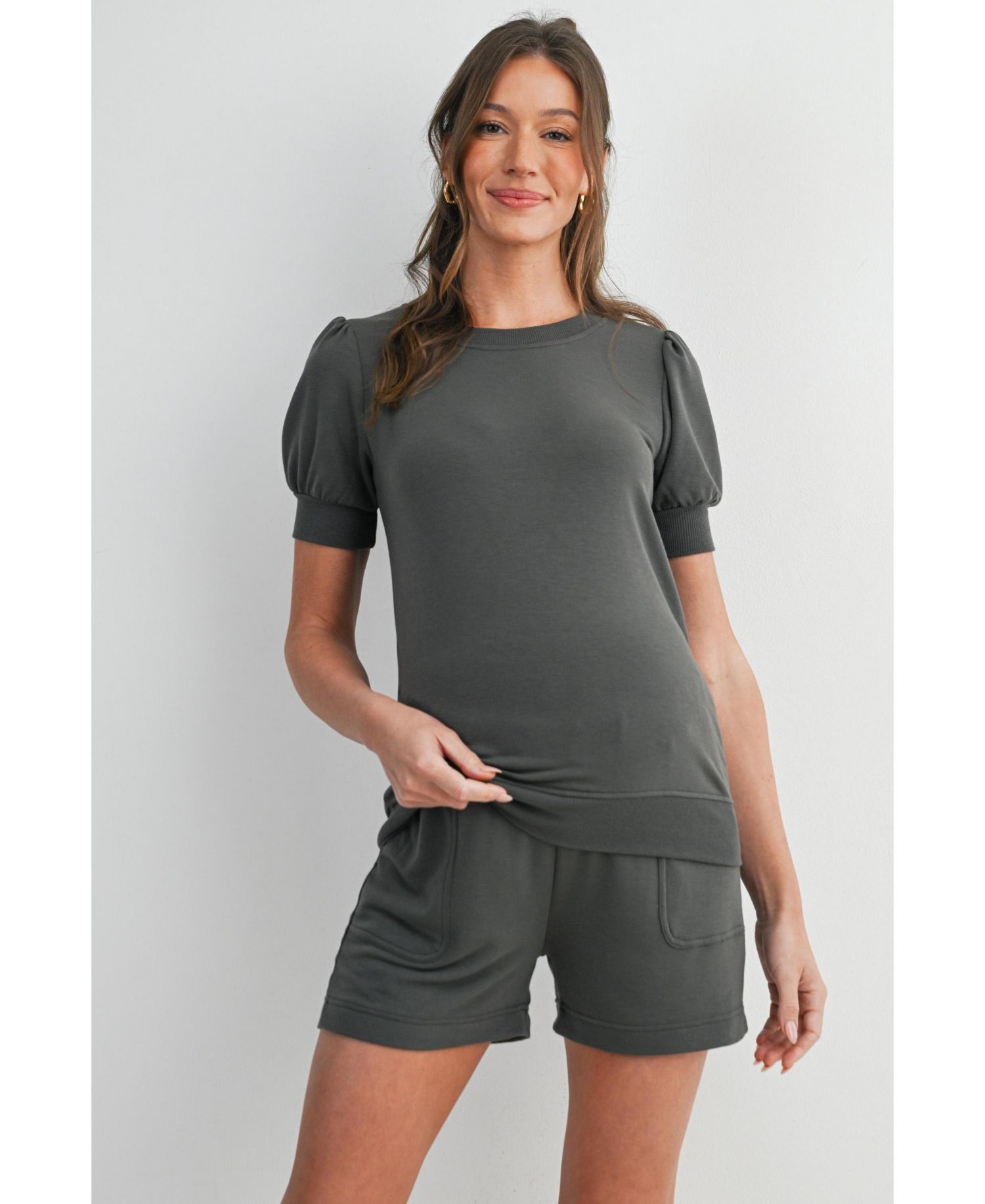 Maternity French Terry Lounge Set - Puff Sleeve Top and Shorts with Pockets