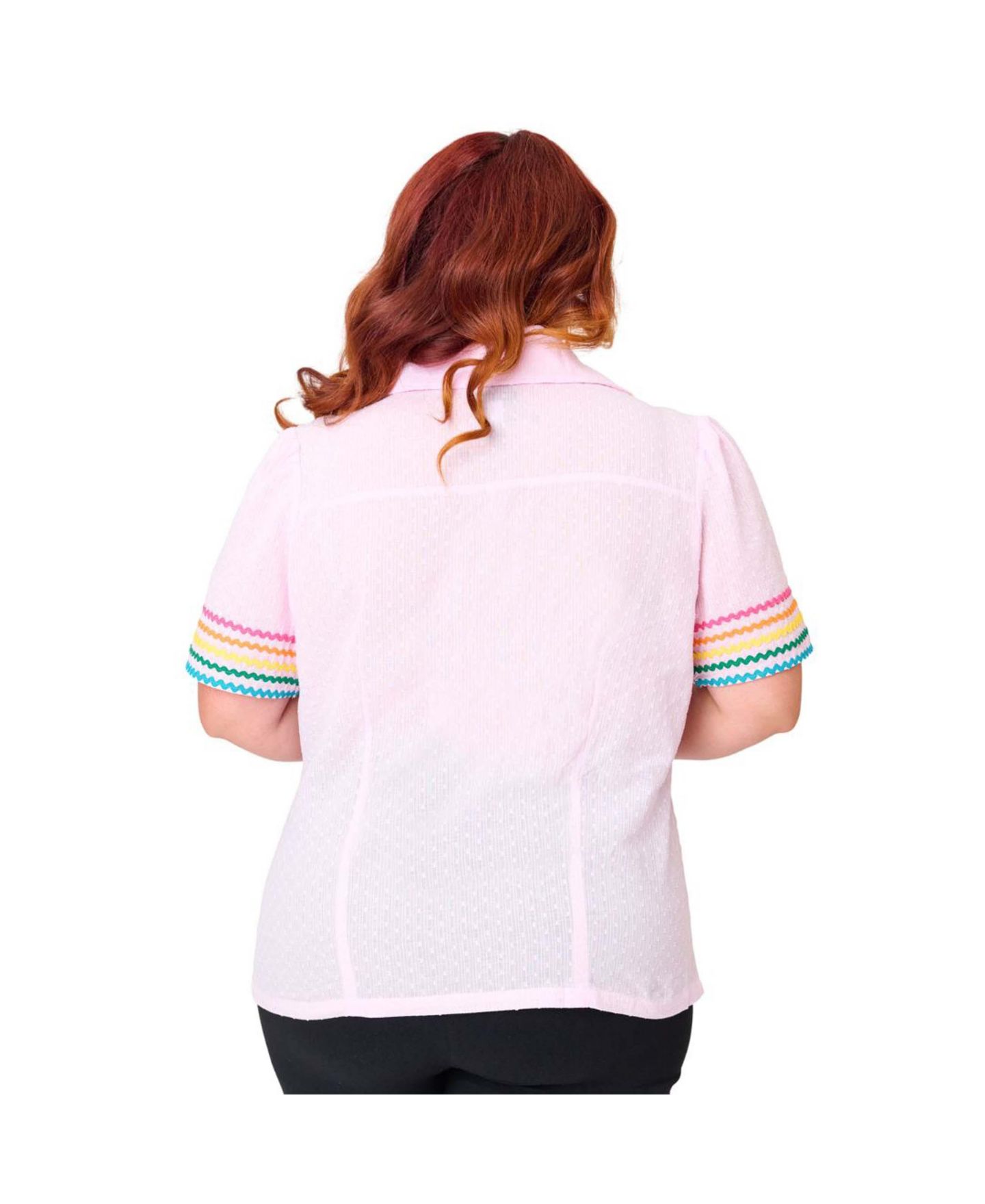 Женская блузка Unique Vintage Plus Size Short Sleeve Collared Button Down Woven, цвет: Розовый / С принтом — фото 2