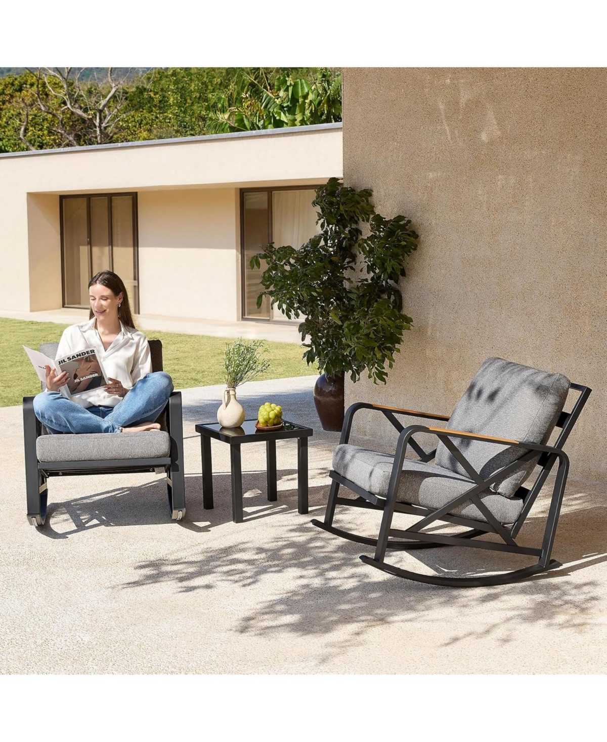 Tribesigns Outdoor Rocking Chair Set of 2, Patio Furniture Sets, Waterproof Rocking Chair with Thick Cushion, Metal Rocker for Balcony