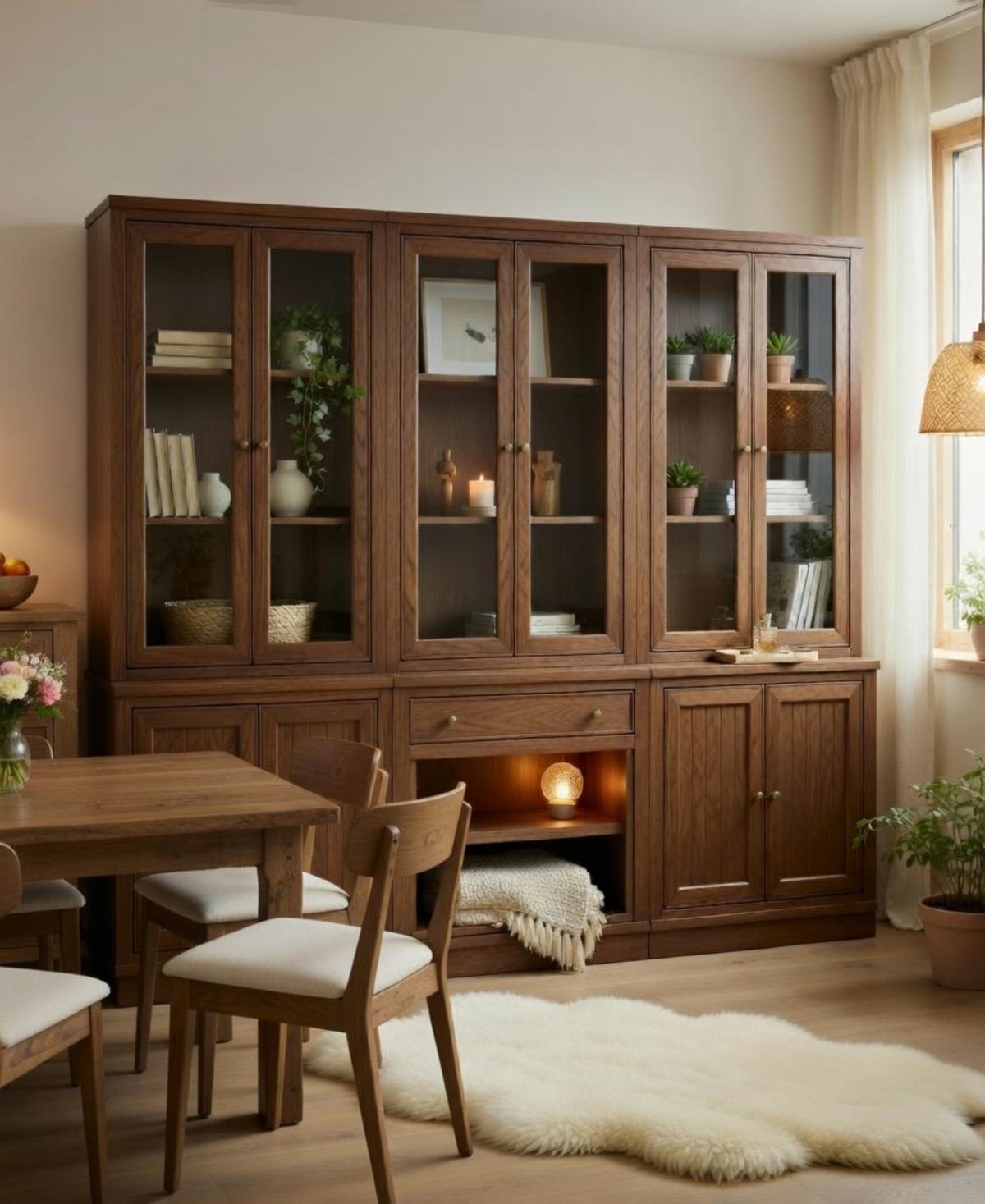 Furniture Amren Wood 3 Stacked 2 Door Hutches with Base and Open Drawer