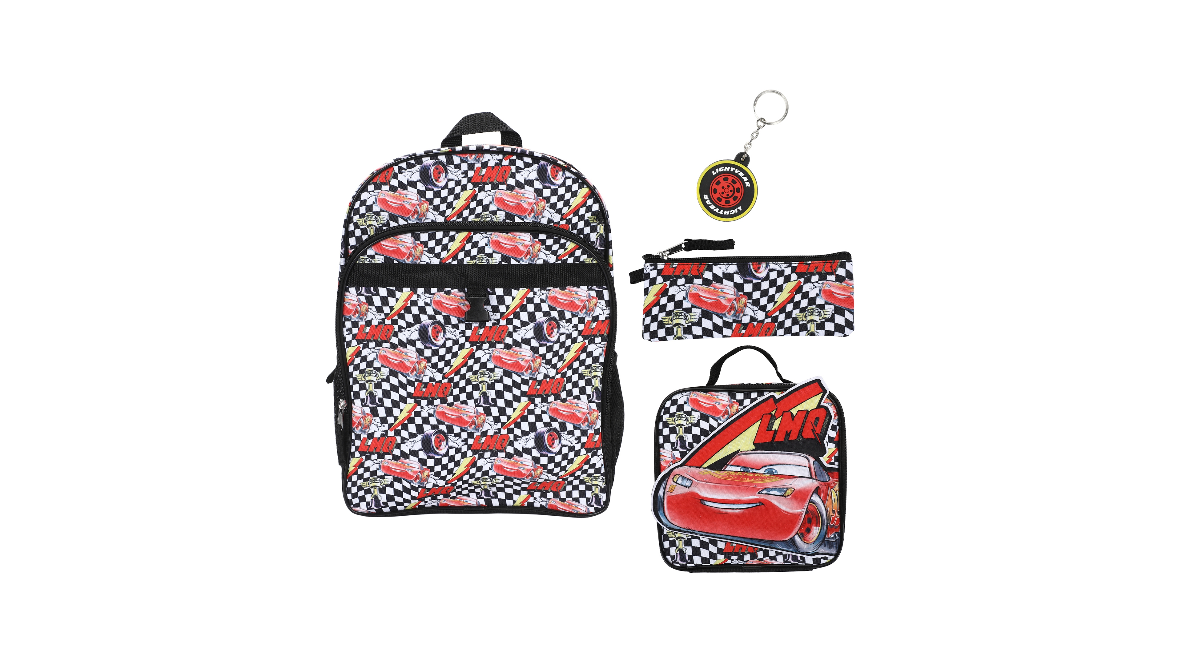 Bioworld Boys' Cars All Over Print Backpack, Lunch Bag, Key Chain and Pencil Case, 4-Piece Set