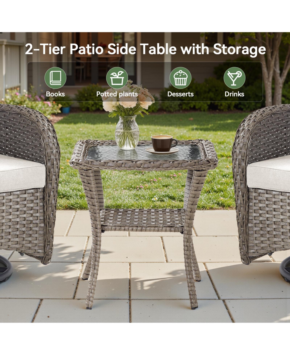 Pocassy Outdoor Side Table - Tempered Glass Wicker Table, Waterproof Patio Coffee Table Rattan End Table with Storage