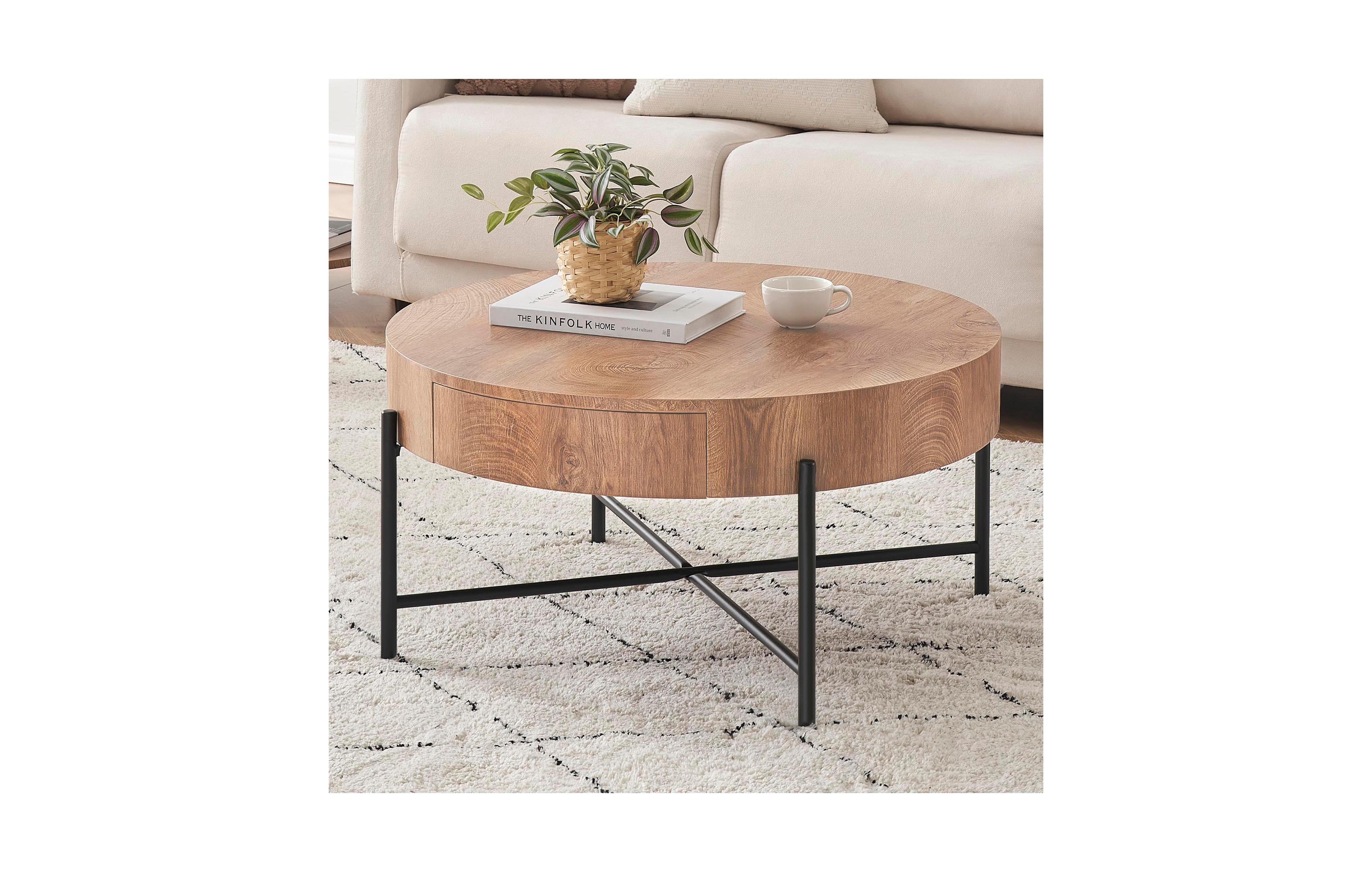 homfan Round Coffee Table with Drawers Circle Coffee Table with Storage Wood Accent Center Table Vintage Coffee Table for Living Room