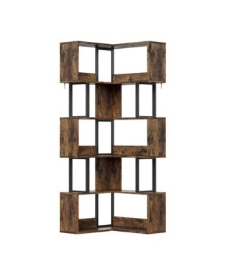 Space-Saving L-Shaped Corner Bookshelf - 6-Tier Freestanding Metal and Wood Bookcase with Baffle - Storage Rack for Living Room or Home Office
