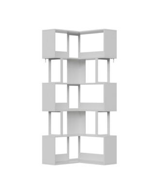 Space-Saving L-Shaped Corner Bookshelf - 6-Tier Freestanding Metal and Wood Bookcase with Baffle - Storage Rack for Living Room or Home Office