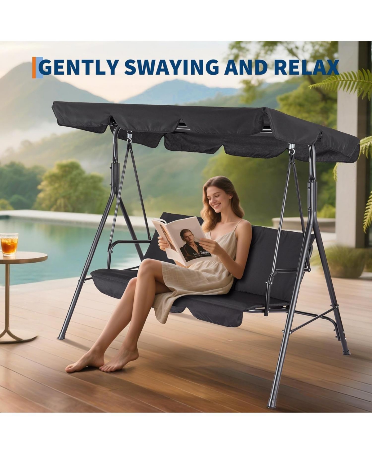 gaomon 3-Seat Patio Swing Chair With Adjustable Canopy And Thick Waterproof Cushions, Outdoor Steel Frame Porch