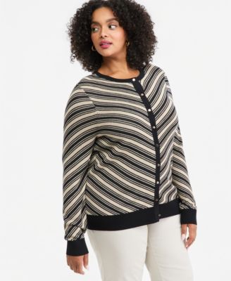 Plus Size Lurex-Stripe Crewneck Long-Sleeve Cardigan