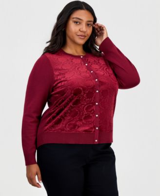 Plus Size Floral-Print Crewneck Cardigan