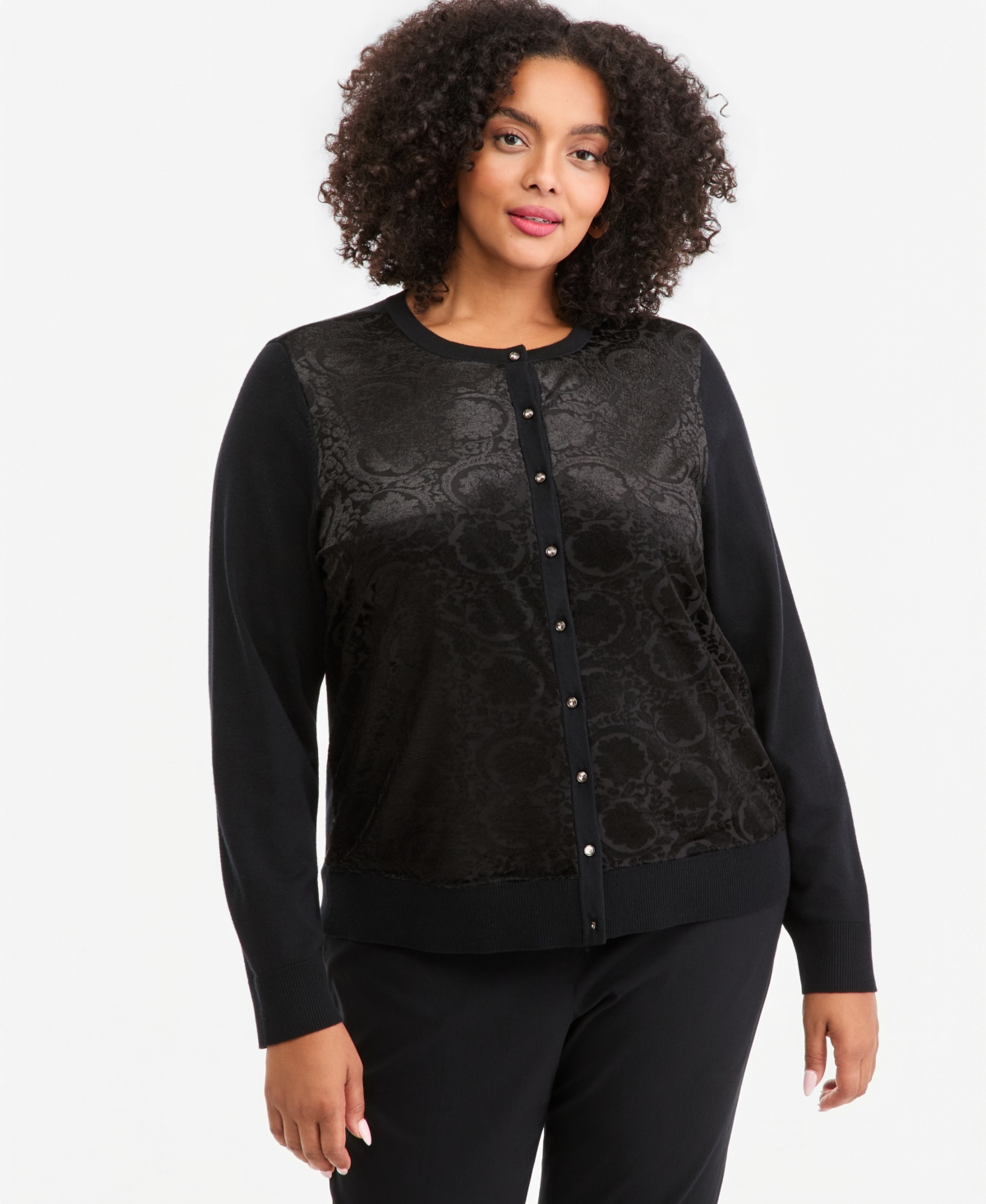 Jm Collection Plus Size Floral-Print Crewneck Cardigan, Macy's Exclusive - Deep Black