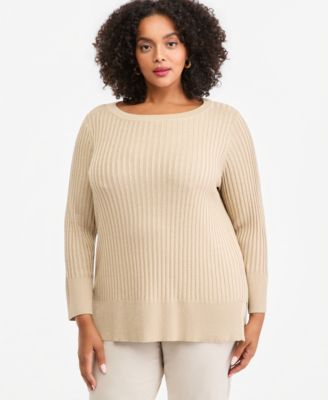 Plus Size Novelty Stitch Lurex Boatneck Long-Sleeve Sweater