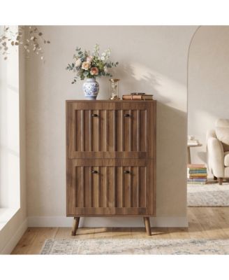 Mid-Century Modern Shoe Cabinet, 23.6-Inch Vertical Grooved Upright Storage