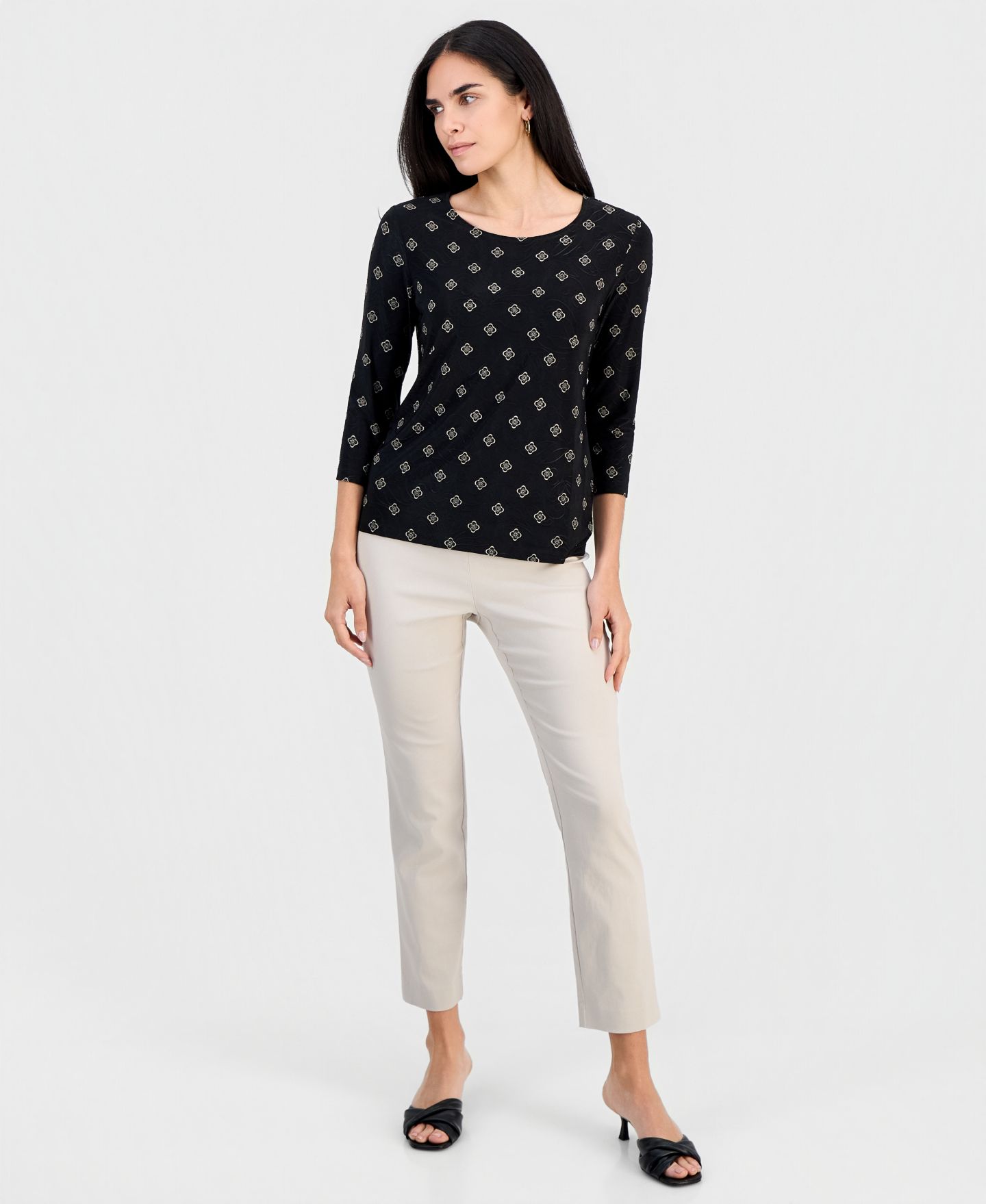 Женская футболка JM Collection Petite Sofia Tile 3/4-Sleeve Jacquard, цвет: Глубокий чёрный — фото 4