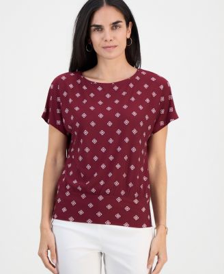 Petite Sofia Tile Banded-Hem Boat-Neck Top