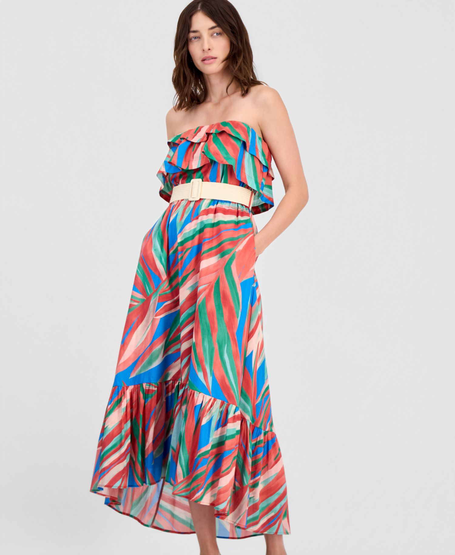Women's Strapless Tropical Ruffled Maxi Dress