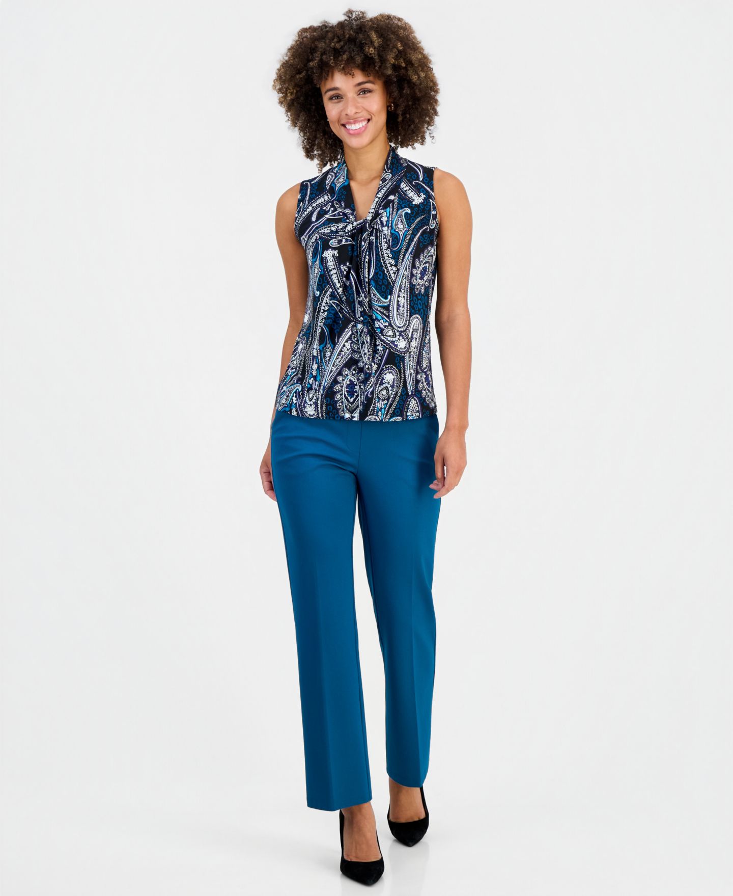 Женская блузка Kasper V-Knot-Neck Sleeveless Blouse, цвет: Чёрный разноцветный — фото 2