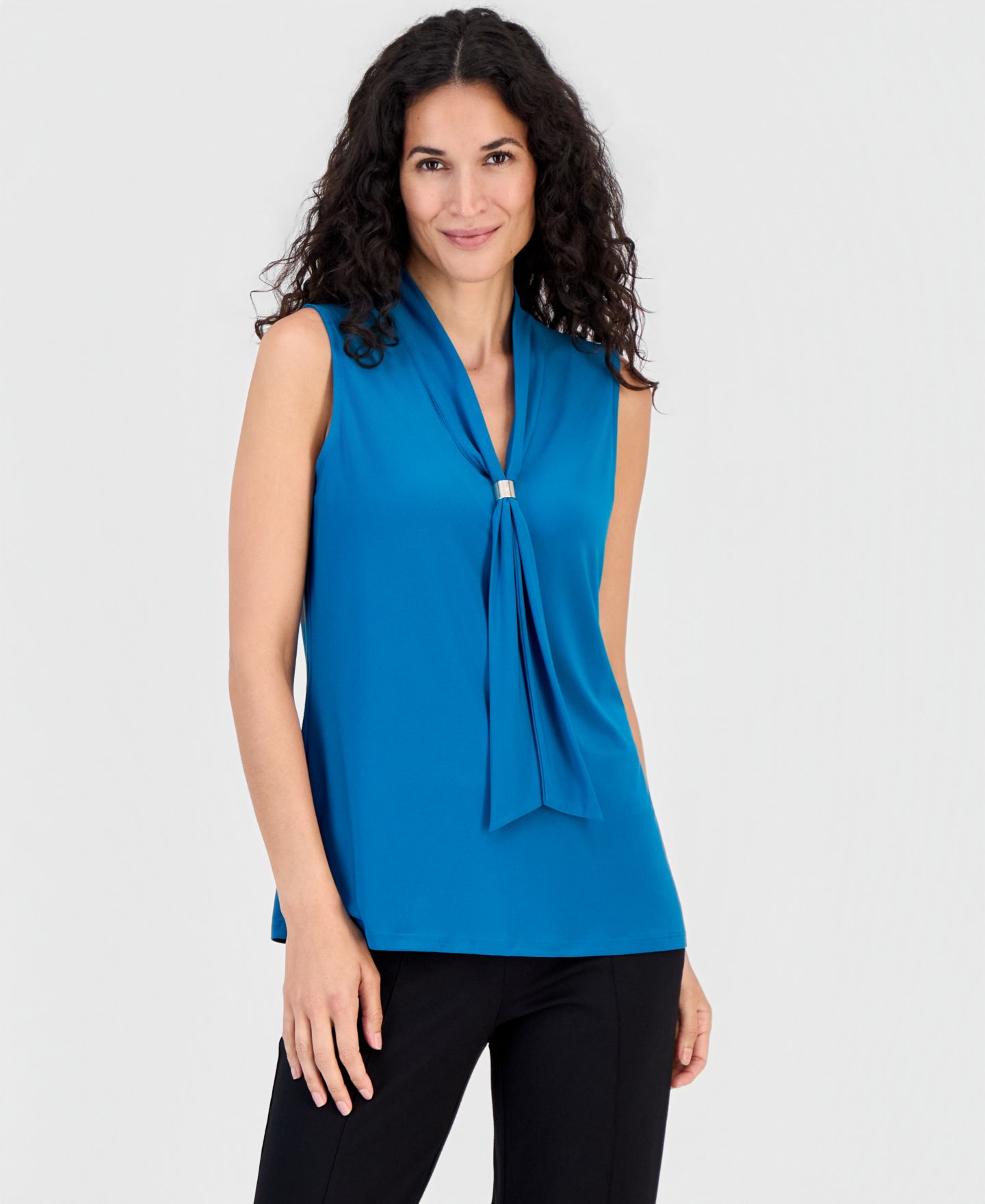 Женская блузка Kasper Embellished Tie-Neck Sleeveless Blouse, цвет: Бирюзовый — фото 1