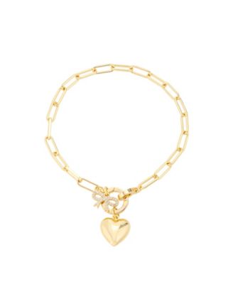 Cubic Zirconia Gold-Tone Plated Bow and Heart Cluster Charm Paperclip Chain Bracelet
