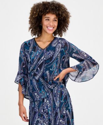 Petite Printed V-Neck Ruffle Sleeve Chiffon Top