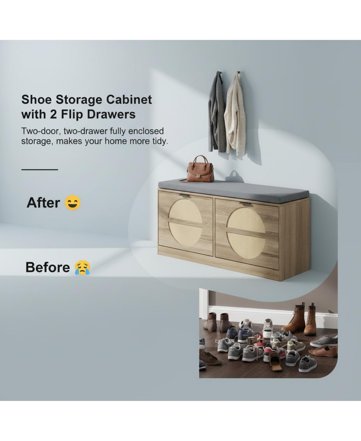 Yigii Rattan Storage Bench Cushion Coat Rack 2 Flip Drawers Entryway Living Room
