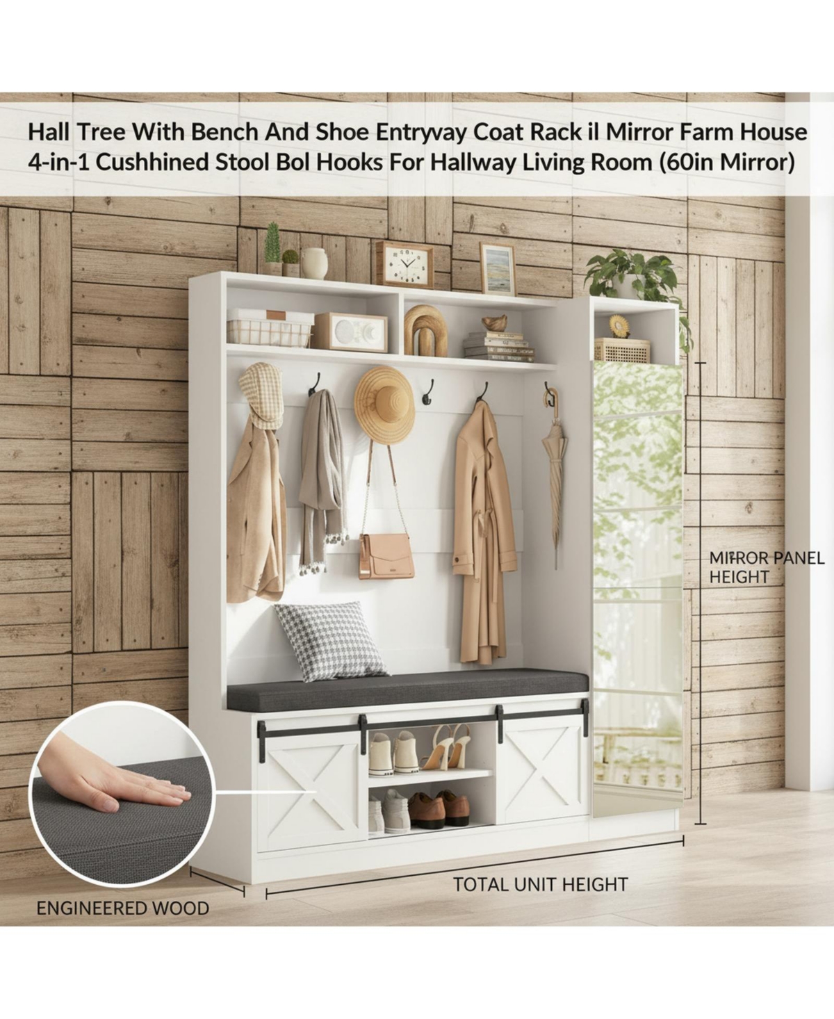 Yigii Hall Tree Bench Shoe Storage Coat Rack Farmhouse Barn Door 4in1 Cushioned Stool Hooks
