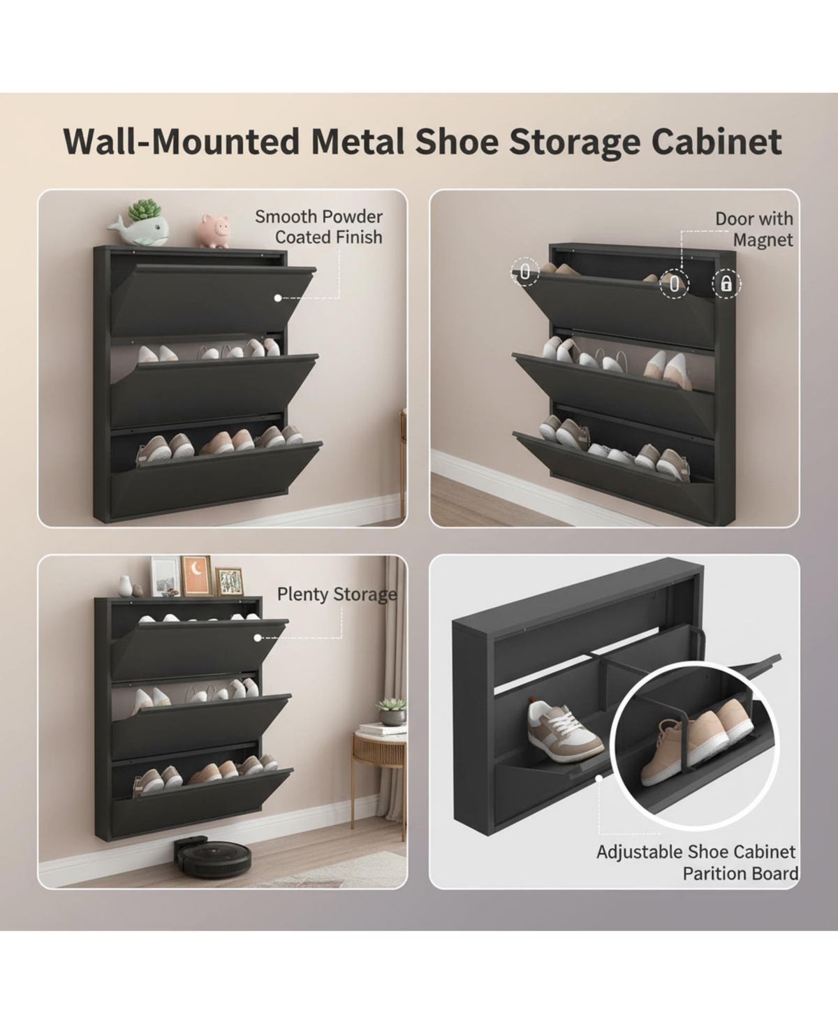Yigii Wall Mount Metal Shoe Cabinet Narrow Entryway Storage Large Capacity All Steel