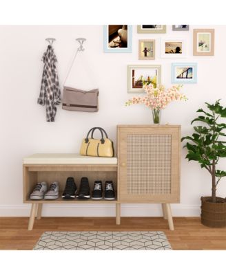 2-in-1 Shoe Storage Bench, Rattan Shoe Cabinet with Adjustable Shelves and Removable Seat Cushion, Hidden Shoe Rack Organizer for Entryway