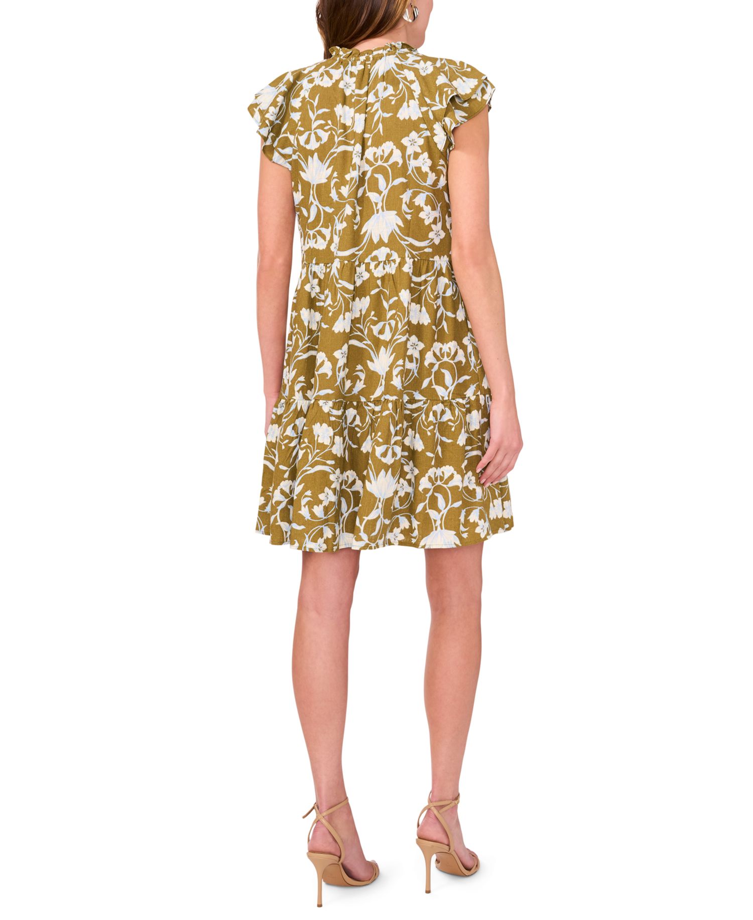 Petite Split Tie Neck Flutter-Sleeve Printed Dress