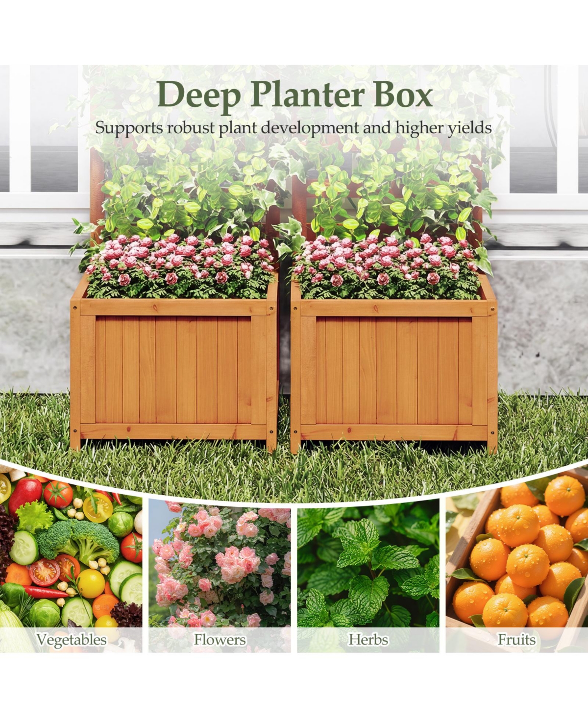 Sugift 48 Inch Wood Raised Garden Bed with Trellis with Drainage Holes