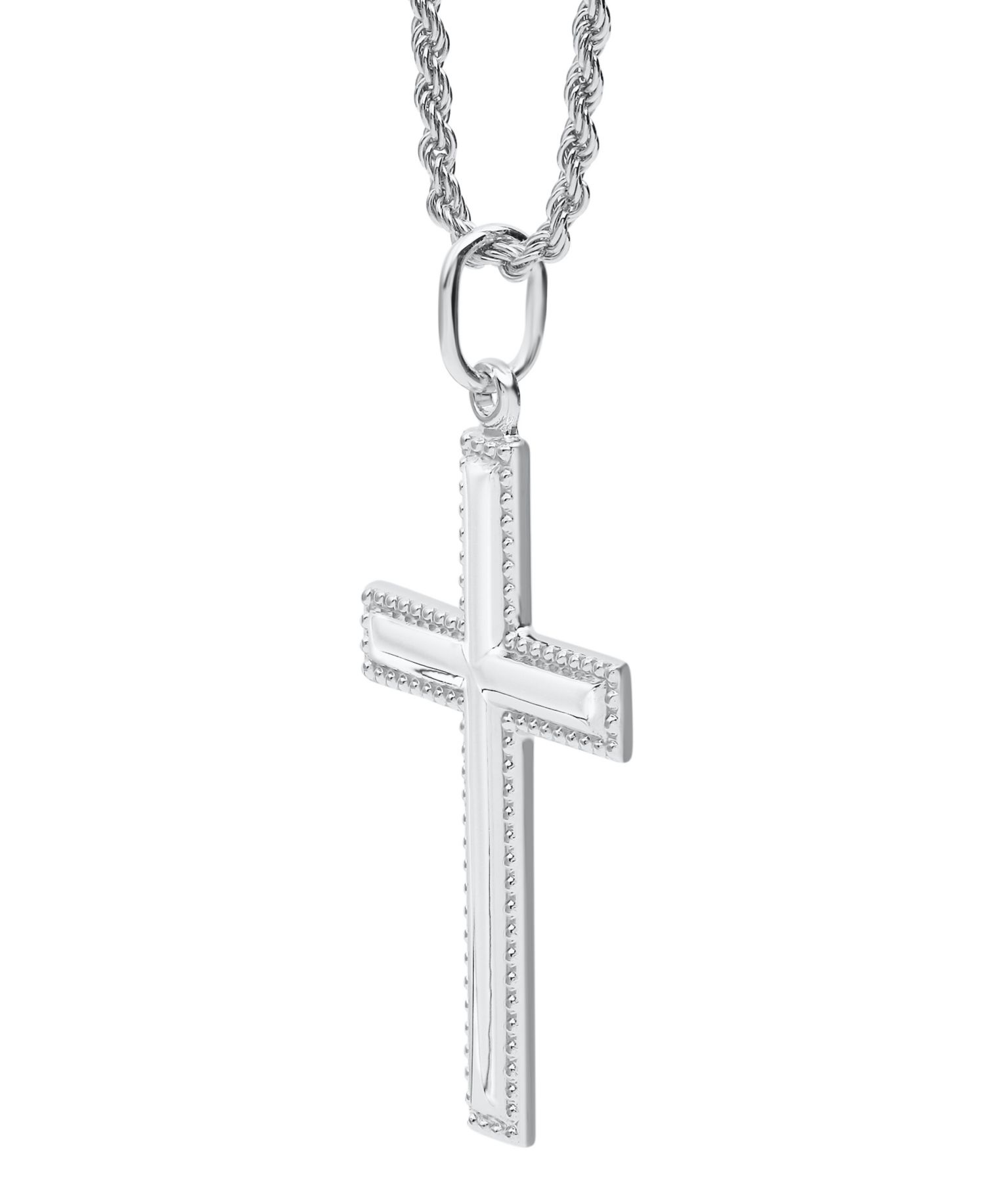 Beaded Edge Cross Pendant Necklace in Sterling Silver