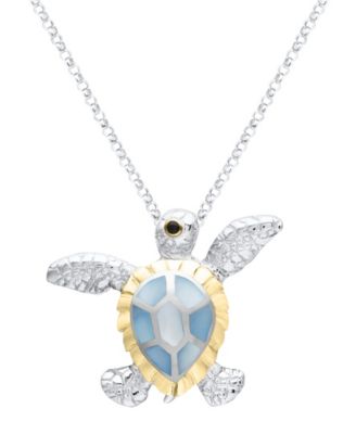 Blue Mother of Pearl Turtle Pendant Necklace in Sterling Silver