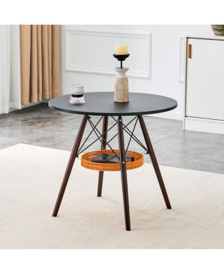 Circular Dining Table with Walnut Legs and Woven Storage Basket