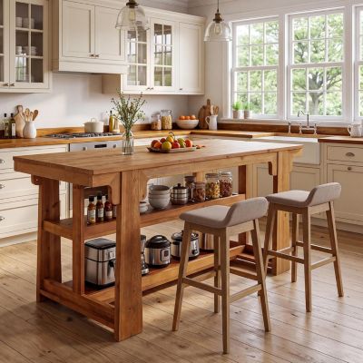 63" Solid Wood Kitchen Island with Storage and Seating