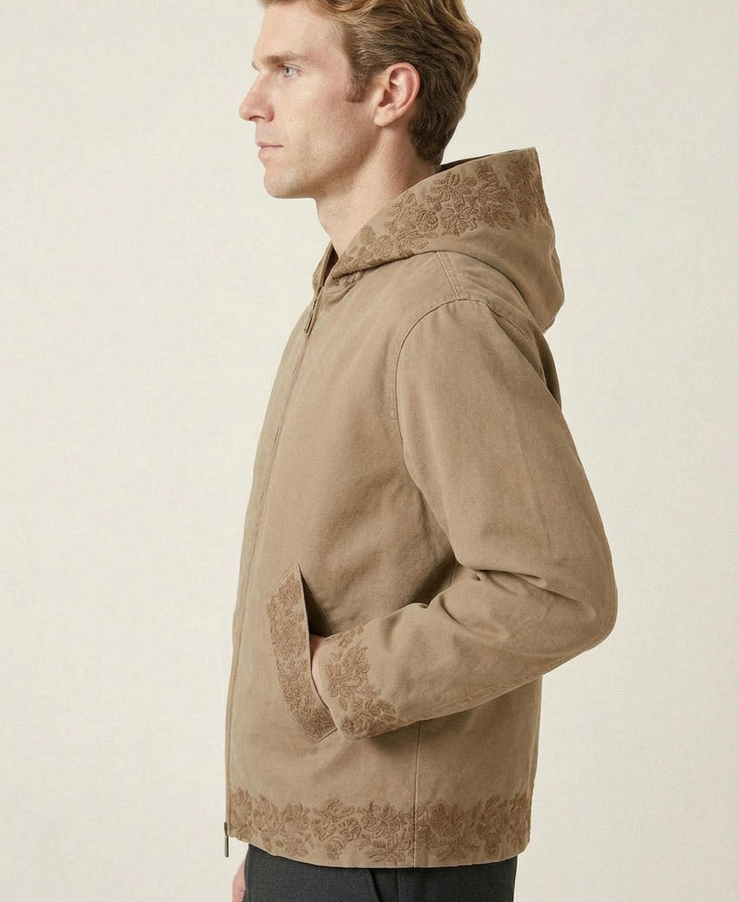 Men's Embroidered Trim Zip-Front Hooded Jacket