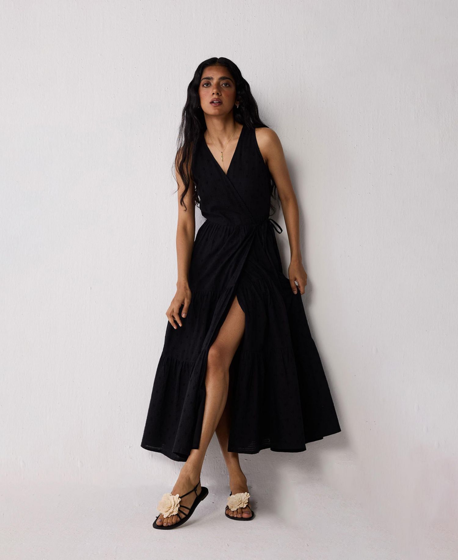 Women's Sleeveless Embroidered Wrap Dress with Tiers