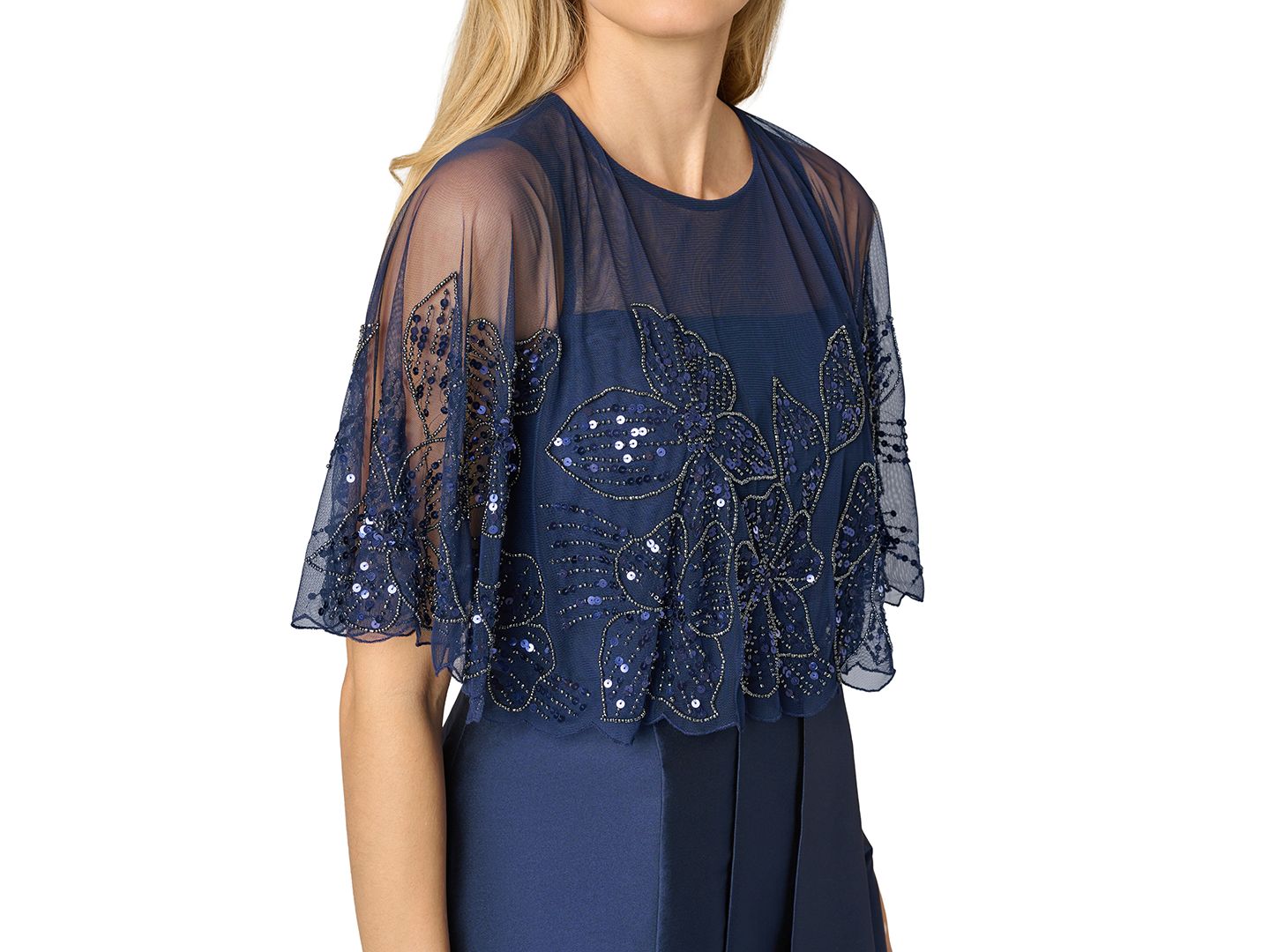 Женское платье Adrianna Papell Boat Neck Bead Cape Taffeta, цвет: Светлый тёмно-синий — фото 3