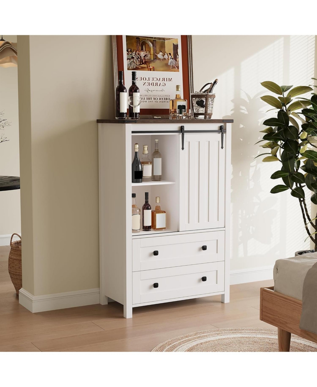 gaomon 5-Drawer Farmhouse Dresser With Barn Door And Shelves, Tall Chest