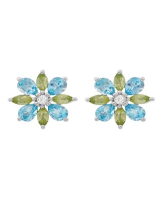 Swiss Blue Topaz (1-1/3 ct. t.w.), Peridot (5/8 ct. t.w.) & White Topaz (1/20 ct. t.w.) Flower Stud Earrings in Sterling Silver
